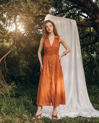 Linen Maxi Dress, Sleeveless Button Front Dress with Collar, Summer Vacation Dress for Resort and Brunch