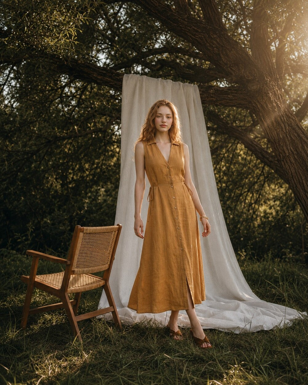 Linen Maxi Dress, Sleeveless Shirt Dress with Button Front, Casual Summer Resort Wear for Women