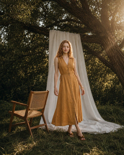 Linen Maxi Dress, Sleeveless Shirt Dress with Button Front, Casual Summer Resort Wear for Women