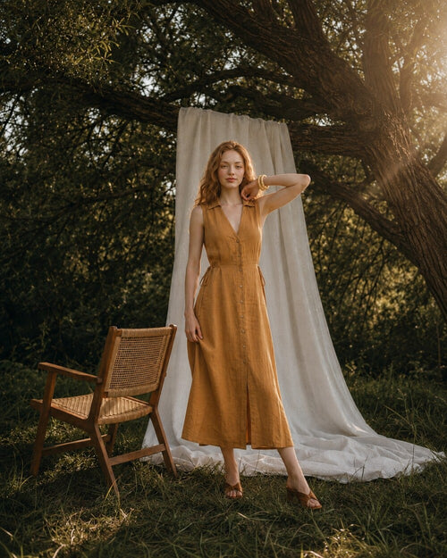Linen Maxi Dress, Sleeveless Shirt Dress with Button Front, Casual Summer Resort Wear for Women