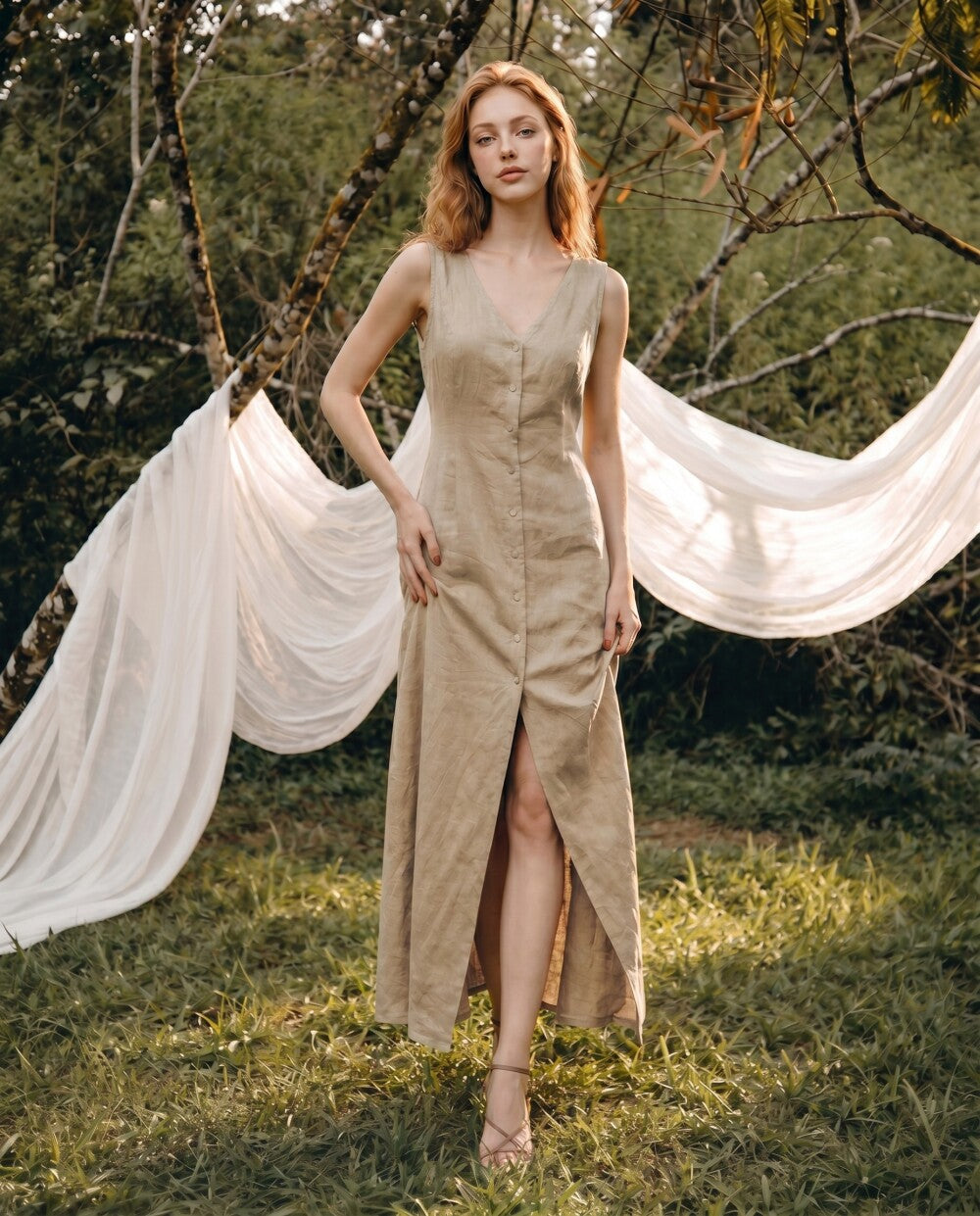 Linen Maxi Dress, Burnt Orange Sleeveless Dress with Button Front, Casual Summer Resort Wear for Women