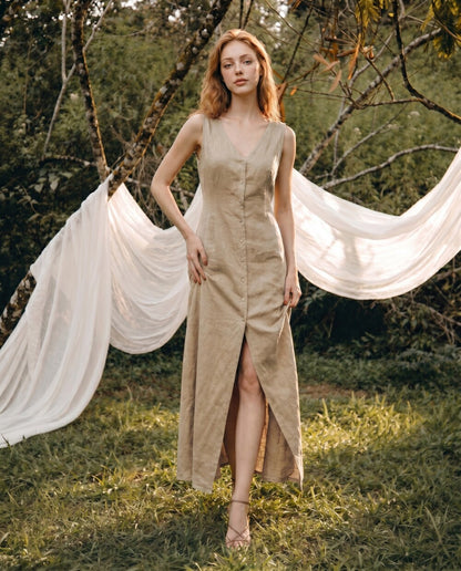 Linen Maxi Dress, Burnt Orange Sleeveless Dress with Button Front, Casual Summer Resort Wear for Women