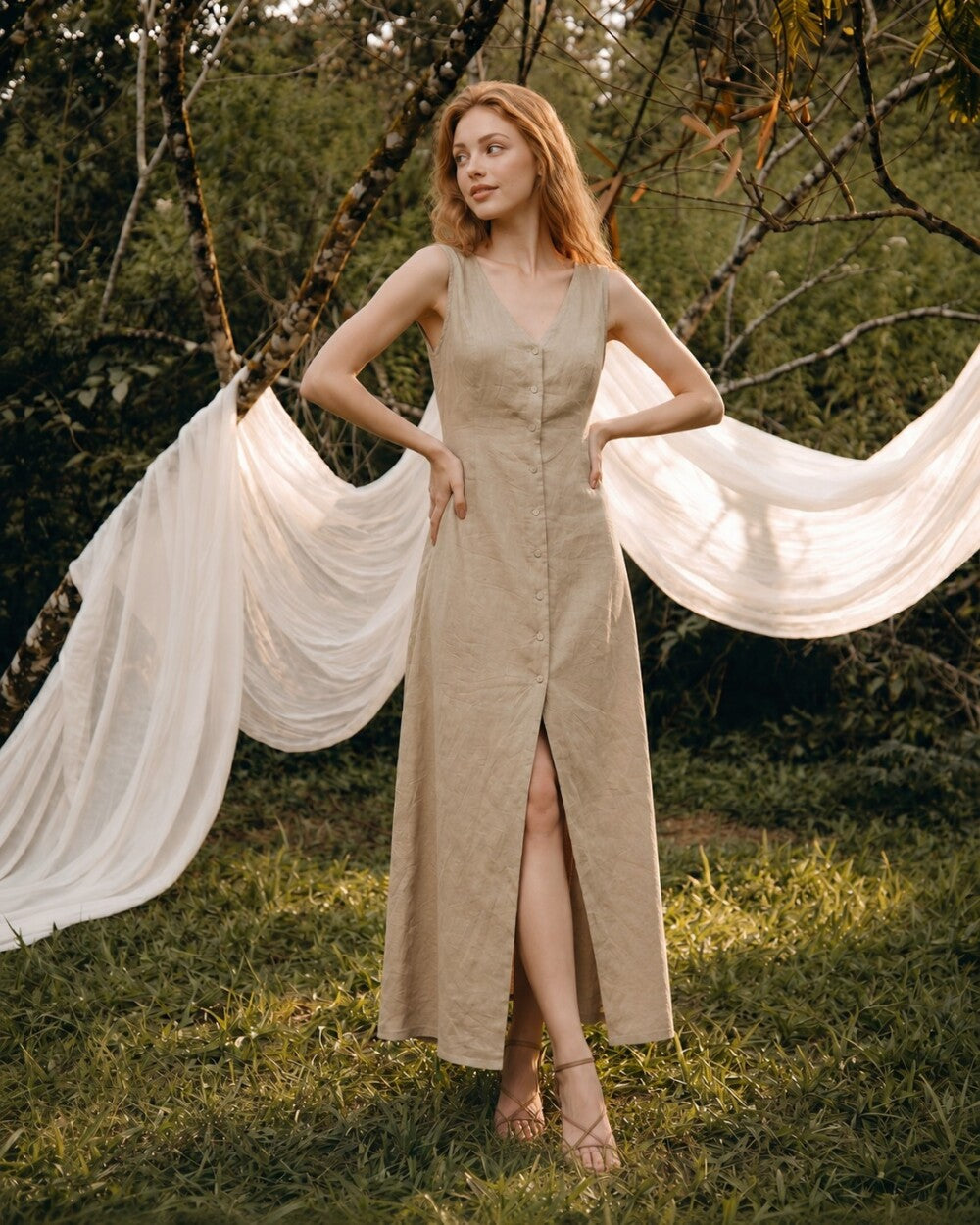 Linen Maxi Dress, Burnt Orange Sleeveless Dress with Button Front, Casual Summer Resort Wear for Women