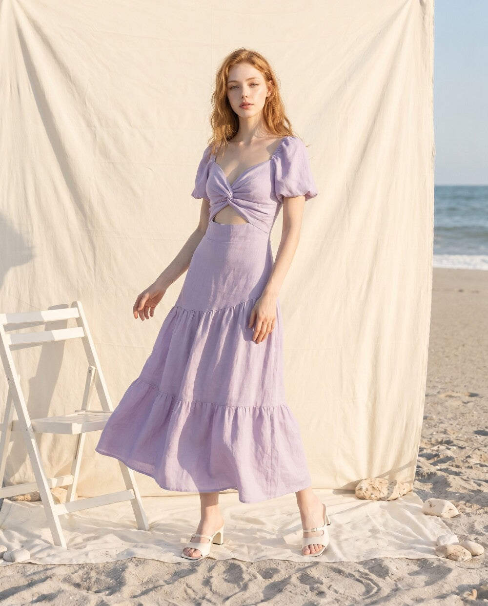 Linen Maxi Dress, Puff Sleeve Sundress with Front Cutout and Tiered Skirt, Summer Resort Wear