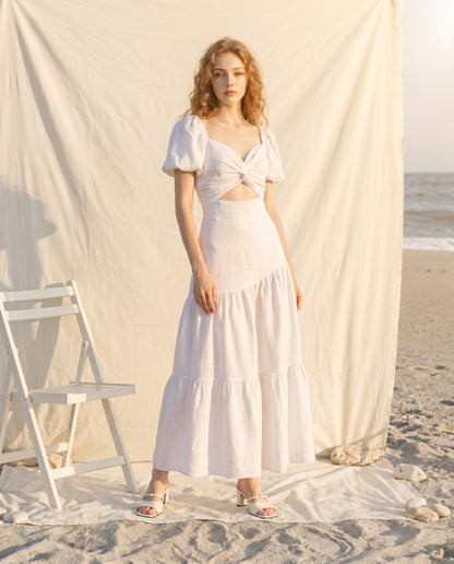 White Linen Maxi Dress, Puff Sleeve Cutout Dress with Twist Front, Romantic Beach Vacation Dress for Women