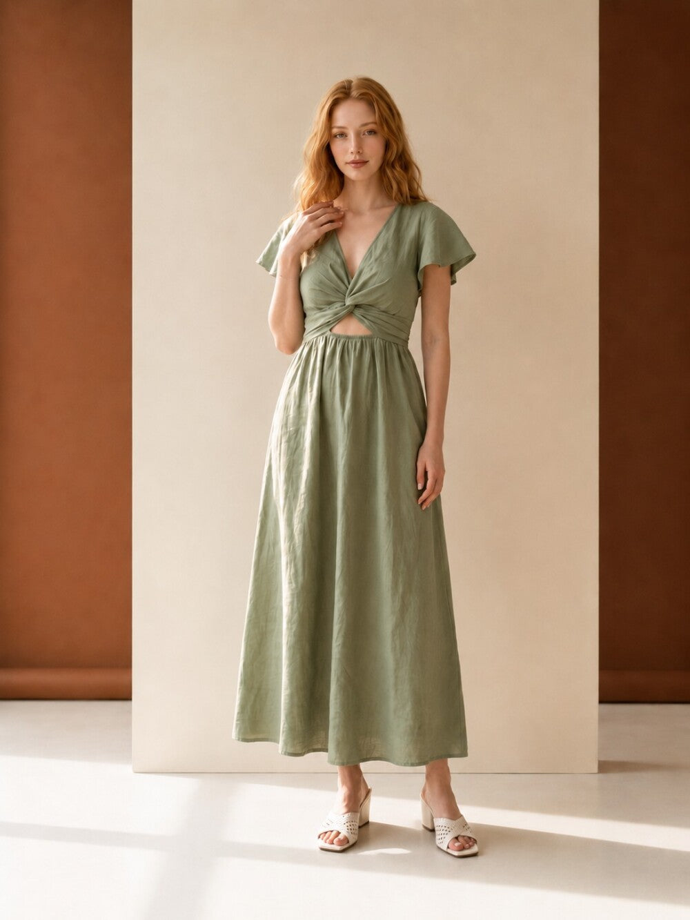 Linen Maxi Dress, Twist Front Dress with Short Flutter Sleeves, Elegant Summer Dress for Vacation and Resort