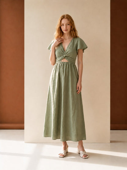 Linen Maxi Dress, Twist Front Dress with Short Flutter Sleeves, Elegant Summer Dress for Vacation and Resort