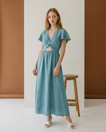 Linen Maxi Dress, Short Sleeve Wrap Style Dress with Waist Tie, Casual Summer Resort Wear for Women
