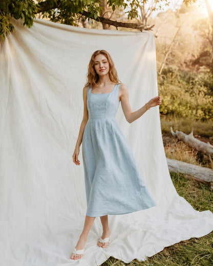 Linen Maxi Dress, Square Neck Sleeveless Dress with Fitted Waist, Elegant Summer Dress for Vacation and Resort