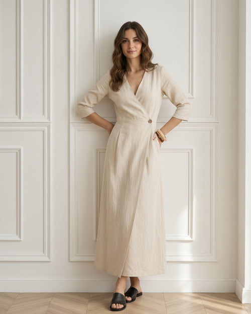 Linen Maxi Dress, Wrap Linen Dress, V Neck Long Linen Dress, Minimalist Summer Dress for Women