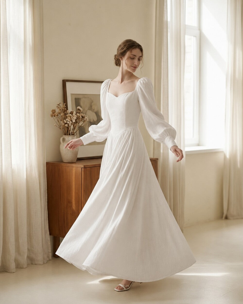 White Linen Wedding Dress, Long Puff Sleeve Sweetheart Neck Maxi Gown, Lace Up Back Bridal Dress for Elopement