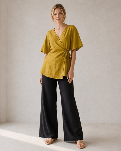 Natural Linen Top, V Neck Wrap Shirt with Tie Front and Flowy Sleeves, Minimalist Summer Blouse for Women
