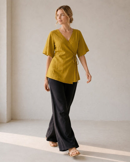 Natural Linen Top, V Neck Wrap Shirt with Tie Front and Flowy Sleeves, Minimalist Summer Blouse for Women