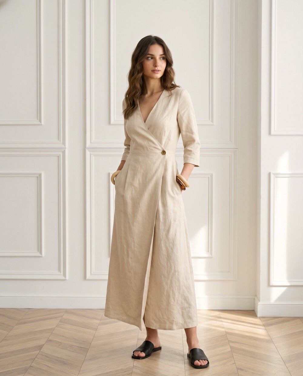 Linen Maxi Dress, Wrap Linen Dress, V Neck Long Linen Dress, Minimalist Summer Dress for Women
