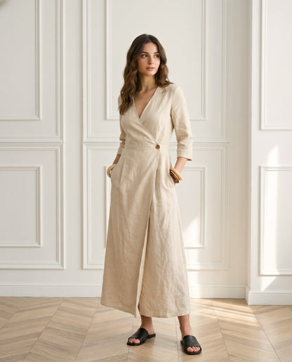 Linen Maxi Dress, Wrap Linen Dress, V Neck Long Linen Dress, Minimalist Summer Dress for Women