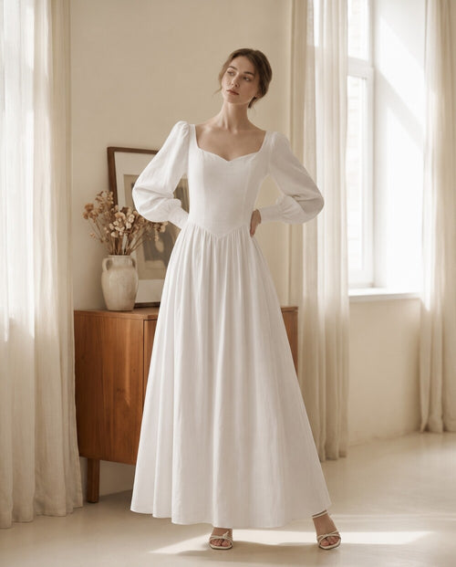 White Linen Wedding Dress, Long Puff Sleeve Sweetheart Neck Maxi Gown, Lace Up Back Bridal Dress for Elopement