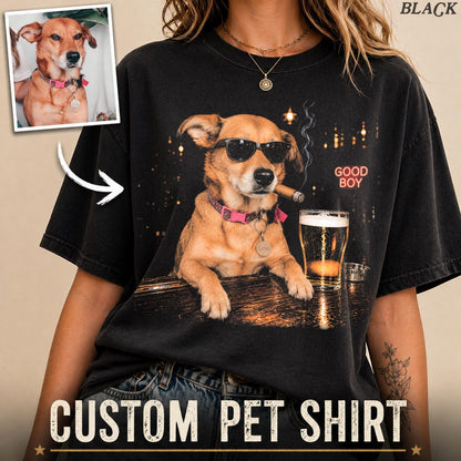 Custom Dog Photo Shirt Comfort Colors, Personalized Pet Portrait Tee, Custom Dog Drinking Beer Shirt, Pet Lover Gift, Pet Memorial Gift