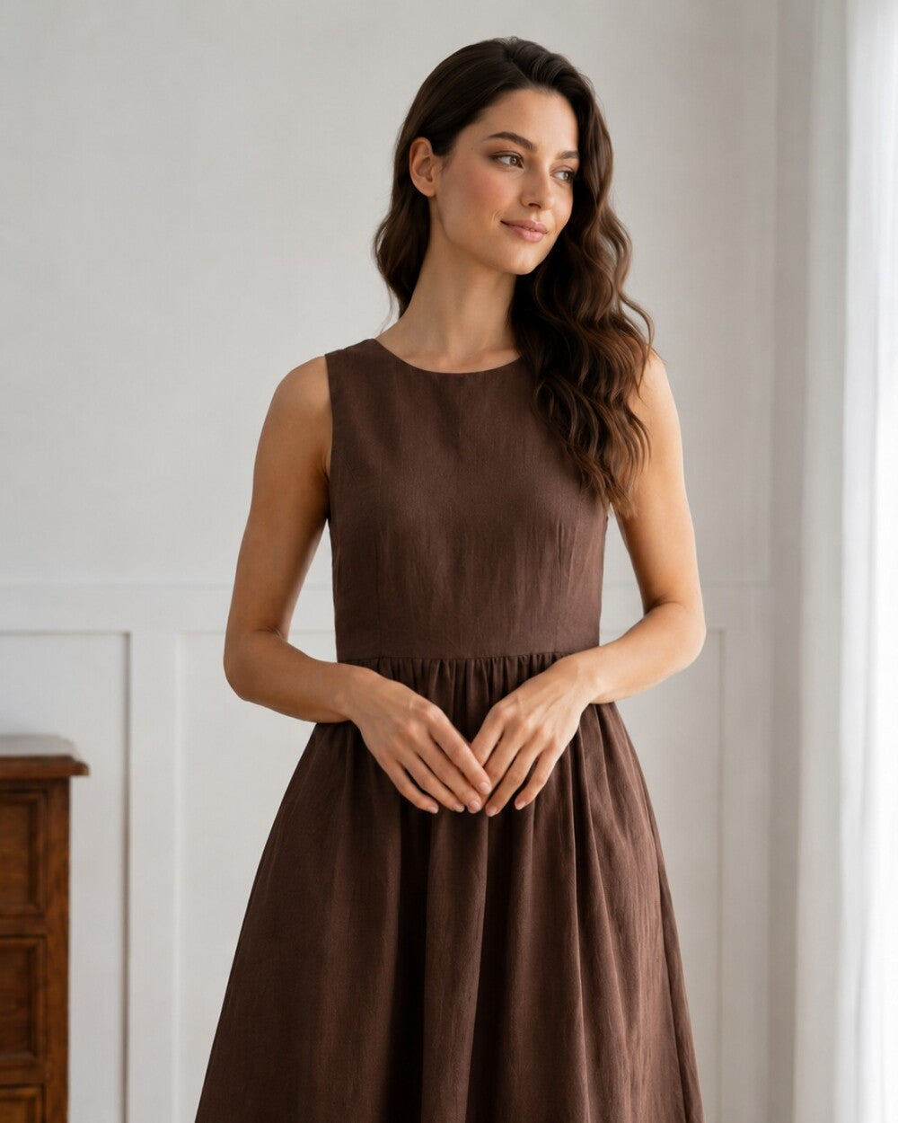 Linen Midi Dress, Sleeveless Fit and Flare Dress with Pockets, Elegant Casual Dress for Summer and Brunch