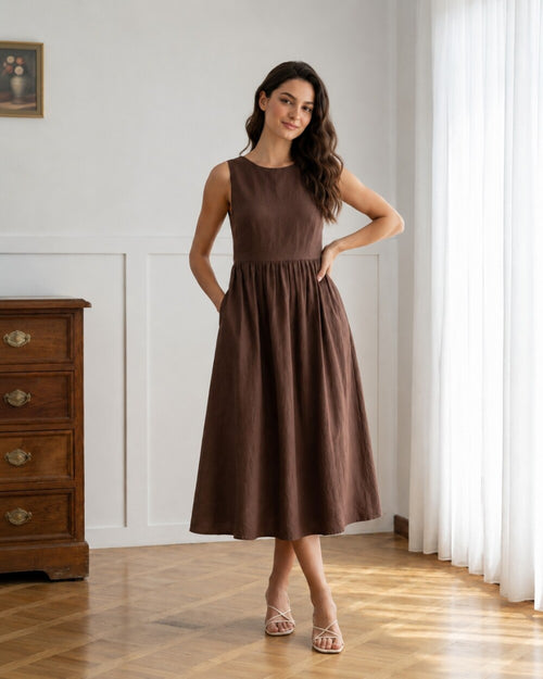 Linen Midi Dress, Sleeveless Fit and Flare Dress with Pockets, Elegant Casual Dress for Summer and Brunch